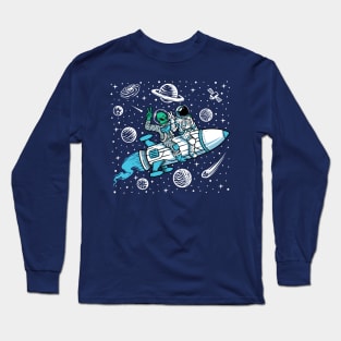 Funny Astronaut and Alien Riding a Rocket // Funny Outer Space Long Sleeve T-Shirt